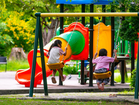 Happy young girl swinging on playground swing having fun in public park with lush green trees - joyful childhood recreation and outdoor play activity.の写真素材