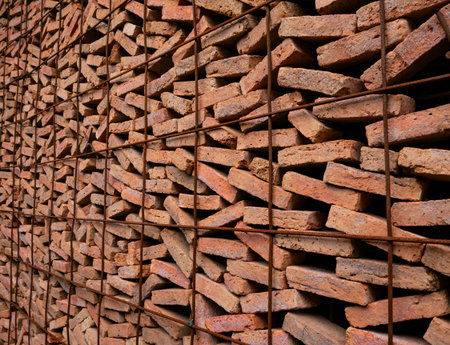 Stacked Red Clay Bricks in Construction Site - Traditional Building Materials Organized in Storage Rows for Architecture Project.の写真素材