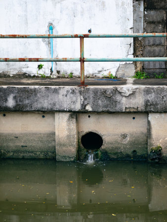 Polluted urban canal with sewage discharge pipe and contaminated water - Environmental pollution and wastewater management problemの写真素材
