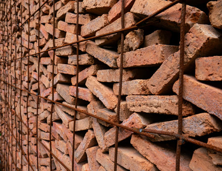 Stacked Red Clay Bricks in Construction Site - Traditional Building Materials Organized in Storage...
