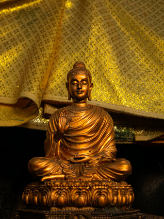 Golden Buddha Statue in Teaching Mudra Under Sacred Banyan Tree with Gold Cloth - Peaceful Meditation Sceneの写真素材