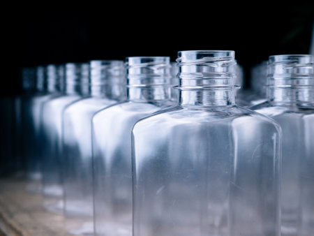 Row of plastic PET Bottles Production Line â Ready for Bottling.の写真素材