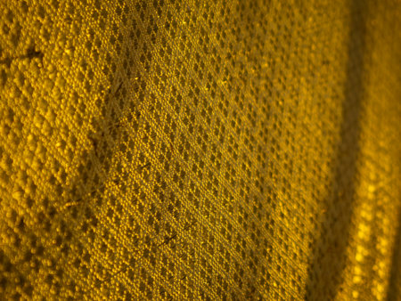 Luxurious Golden Fabric Texture Close-Up - Shimmering Mesh Pattern with Light and Shadowの写真素材