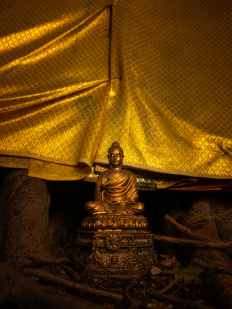 Golden Buddha Statue in Teaching Mudra Under Sacred Banyan Tree with Gold Cloth - Peaceful Meditation Sceneの写真素材