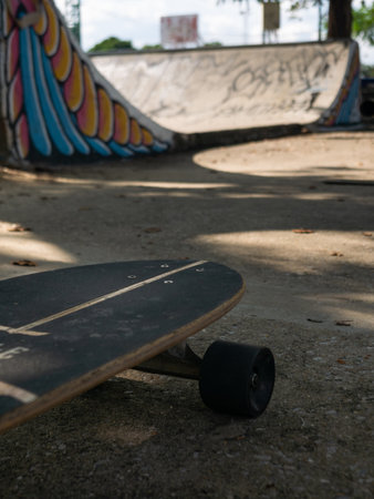 Old worn surf skateboard lying on concrete ground at abandoned skate park with graffiti ramp in backgroundの写真素材