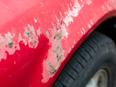 Deep scratch and peeling paint damage on red car body panel near wheel well showing primer and rustの写真素材