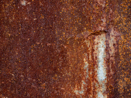 Heavily rusted metal surface texture with orange brown corrosion oxidation and weathered...