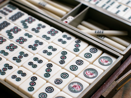 Chinese Mahjong Game Pieces Showing Pin and Suo Suits Close-up Detailの写真素材