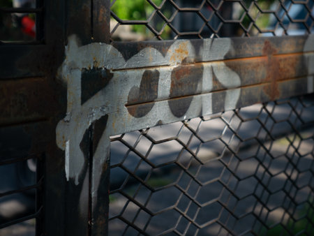 Close up rusty weathered metal gate latch with peeling paint on chain link fence showing decay and corrosion detailの写真素材