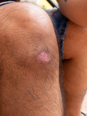 Knee Wound Bruise Injury on Human Leg Skin Medical Health Care Concept Close-Upの写真素材