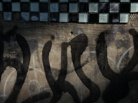 Old dirty cracked glass block tiles in black and white checkered pattern with scratches and...
