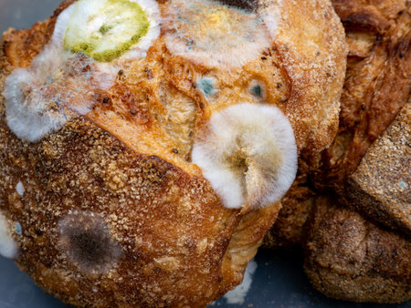 Moldy spoiled bread slices with white green fuzzy mold growth spots on crusty surface food waste...