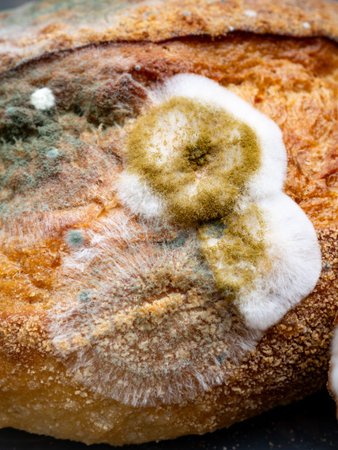 Moldy spoiled bread slices with white green fuzzy mold growth spots on crusty surface food waste conceptの写真素材