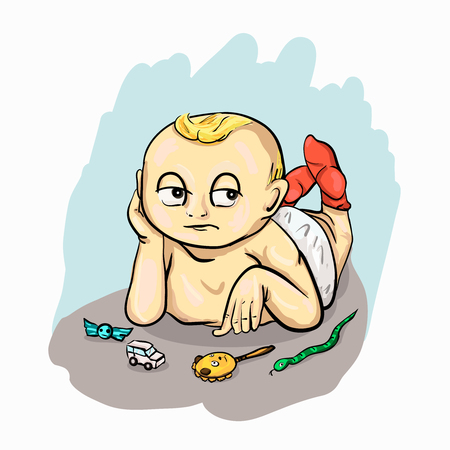 The baby is bored, he is not interested in toys and candy.のイラスト素材