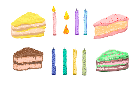 A collection of pieces of colorful and delicious cakes with candles for making wishes and a spark to light them. Vector set of bright attractive picturesのイラスト素材
