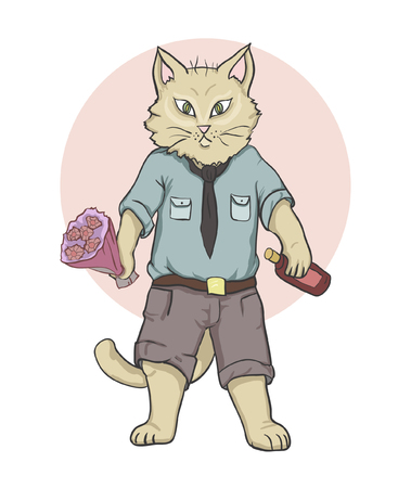 Vector humanized cat man in clothes with a bouquet of flowers and a bottle of wine on a white background for printing on romantic cards, pages, cloth.のイラスト素材
