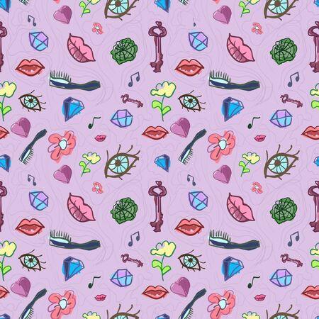 Magic spring breezy happy seamless pattern with lips, eyes, diamonds and flowers for printing on...