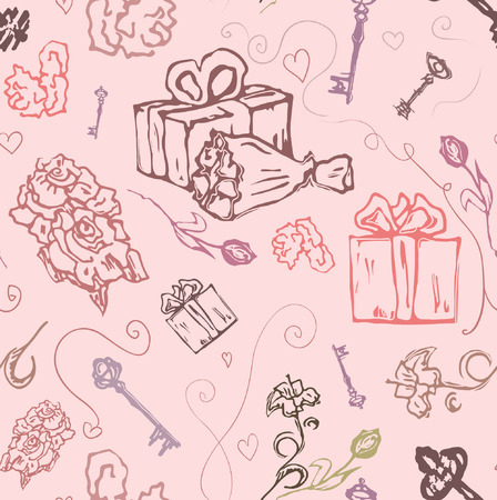 Seamless spring pattern with flowers, gifts and hearts for decorating notepads, bags, jackets and printing on fabric, paper and other materialsのイラスト素材