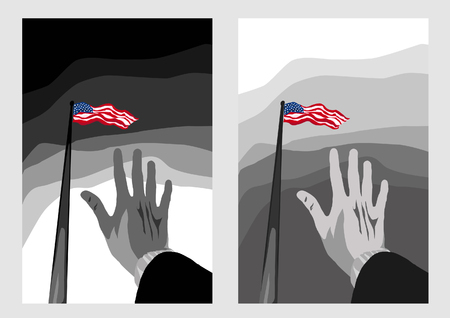 Memorial Day, 4th of July, Independence Day in USA - American flag in the sky, waving by wind. Hand extended. Vector monochrome poster, print. Patriotism, democracy, unity nation. Abolition Of Slaveryのイラスト素材