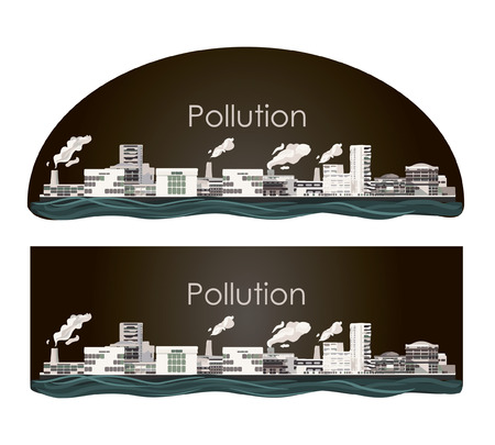 Pollution industry heavy smog vector illustration flat style, isolated. Environmental pollution ecology banner, sticker, poster saving the planet, earth. Industrial factory, manufacturing plant.のイラスト素材