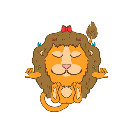 A kind vector cute lion meditates, practicing yoga, peace, self-control and spiritual journey. Printing on posters, postcards, stickers, t-shirts, covers.のイラスト素材