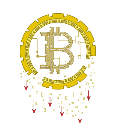 Web money price crash, red sales arrow down vector, graphic digital image - Bitcoin Fall. The crypto currency is broken, it splits into pieces on a white background.のイラスト素材