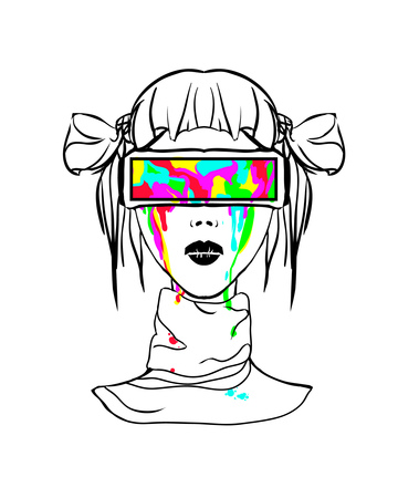 Multi-colored drawing of a beautiful vector girl in vr (virtual reality) glasses. Cyberspace, the technology of the future, the game world  - advertising poster, sticker, promotionのイラスト素材