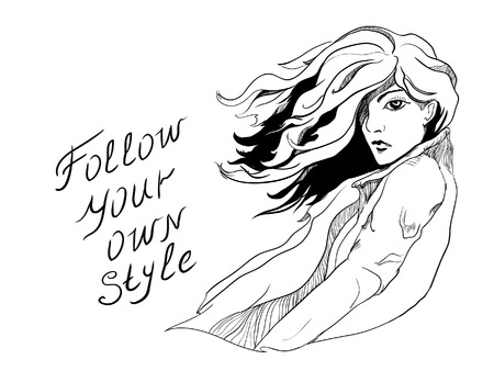 Strong active beautiful fashionable girl / woman with hair flying in the wind in a spring coat. Promotional text - postcard "Follow your own style" - vector linear drawing on a white background. Printingのイラスト素材