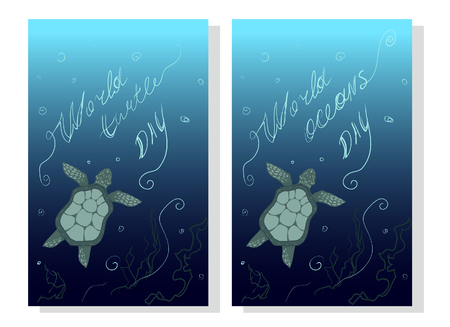 World Turtle Day May 23. Earth and ocean protection. World Oceans Day - Ecological global sunny vector card. The social environmental problem. Web pages, postcards, printing of flyers, stickersのイラスト素材