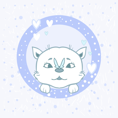 Sticker cat with a butterfly - nice cartoon. Cute card boy kitten paws. Hearts on a blue background. Printing on fabric, paper, posters, children's booksのイラスト素材