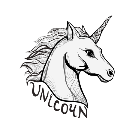 Unicorn Vintage style beautiful gothic. Character tattoo design artwork for print sketchbook cover, fabric textiles. Isolated vector illustration. Retro music cover, summer t-shirt, sticker text.のイラスト素材