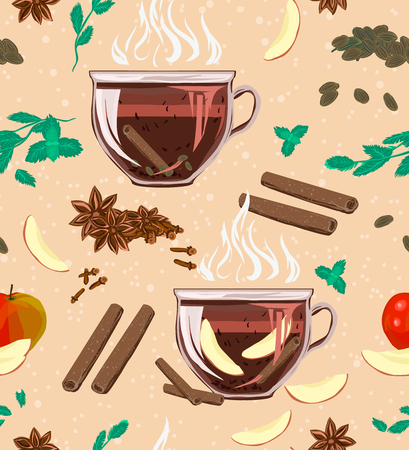 A seamless cozy pattern with large-leaf black tea, mint, cinnamon, cloves, cardamom and apple. Vector illustration for cover, wrapper promotional product, menu or recipe. Aroma, the taste of this useful tea!のイラスト素材