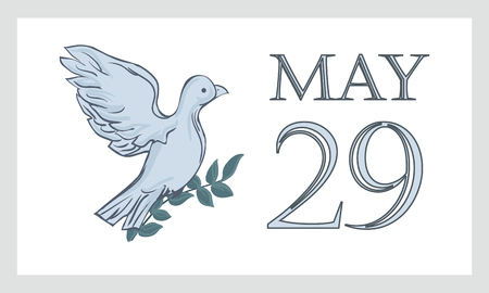 A postcard by May 29 is the international day of the United Nations of peacekeepers UN. Dove, pigeon with branch and text - isolated on white background.のイラスト素材