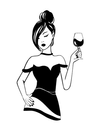 Isolated logo Silhouette of black and white stylish young girl on white background with glass of alcoholic booze in National wine day. Party poster, illustration of a fun elegant fashion lifestyle.のイラスト素材