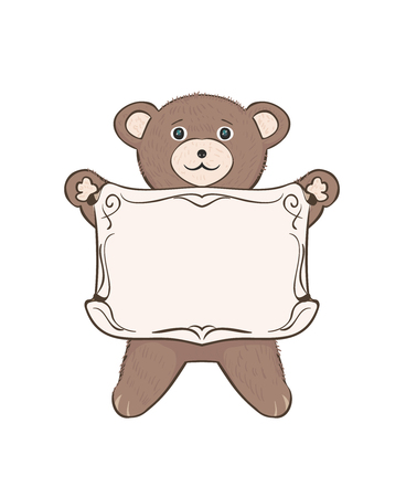 Teddy bear cub with empty frame for text. Children's vector drawing for advertising, posters, communications and education with kids. Sweet cute toy animal cartoon on a white background.のイラスト素材