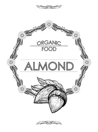 Almond - hand drawn vector illustration. Flower frame - space for brand text. Organic natural food - ingredient for oil, milk. Template for packagingのイラスト素材