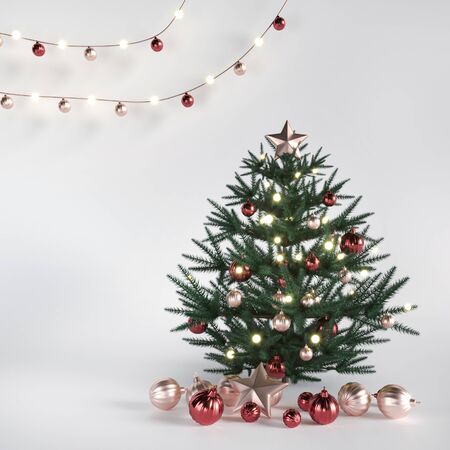 2020 year white studio template. Festive Card - decorations, toys. Green Christmas tree, pine for cozy home. Promotion sale goods Stage. New Year mockup. Empty space - 3d render illustrationの写真素材