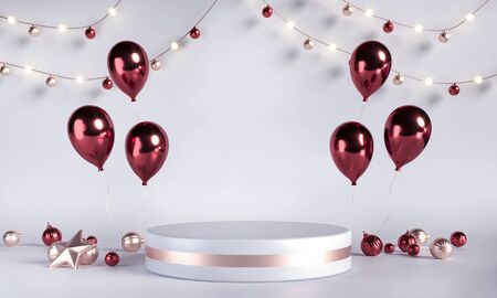 Podium, pedestal with balloons, toys. White background template for sales promotion. Platform for goods, numbers, discounts. Cylindrical scene for New Year, Christmas holidays advertの写真素材