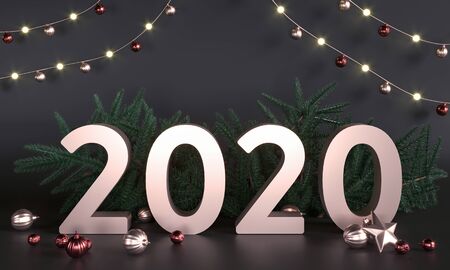 2020 - greetings card. Christmas tree branches, toys, decorations, garlands. Christmas greeting...