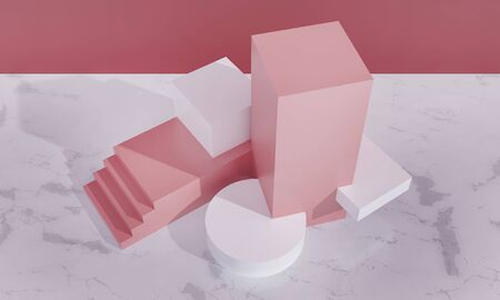 Podium, exhibition pedestal for goods promotion. Cubes, stairs, cylinders - platform, sale scene. Pink pastel colors, white marble floor in room. Architecture 3d render illustration. View from aboveの写真素材
