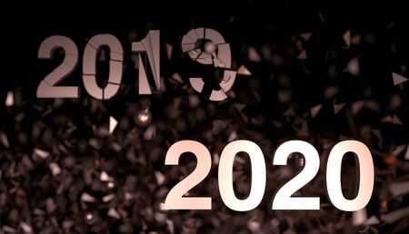2020 - number on dark background. New Year poster with salute from confetti. 3d render illustration....