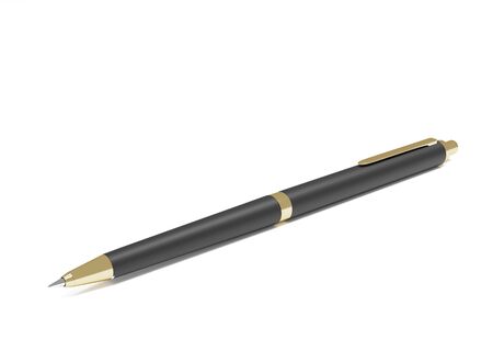Luxurious expensive pen. Realistic 3d pen. Black gold metal stationery. Branding of office mock up sample. Corporate Conclusion of contract in negotiations and signature. Design templateの写真素材