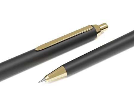 Realistic 3d pen. Black gold metal stationery. Branding of office mock up sample and corporate identity. Design template for business presentation. Luxurious expensive pen on white background. の写真素材