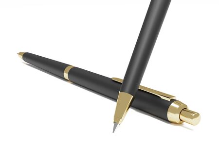 Realistic 3d pen. Black gold metal stationery. Branding of office mock up sample and corporate identity. Design template for business presentation. Luxurious expensive pen on white background. の写真素材