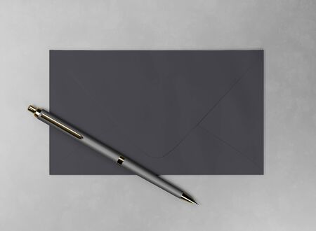 Envelope and pen - 3d render mock up. Official business letter. Branding stationery for the office. Expensive luxury gold-plated pen. Black dark envelope lies on gray surface. Illustration for advertの写真素材