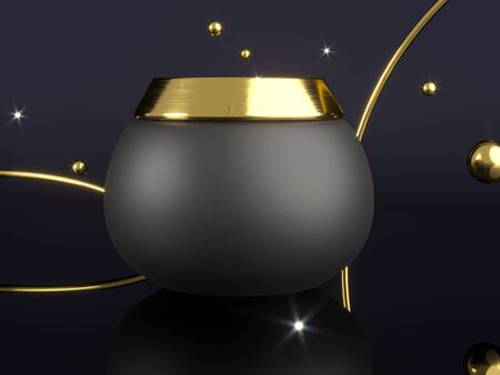 Jar Face cream liquid. Stars dark sky and golden drops. Night facial cream illustration. Cosmetic product for face skin care - 3d render. Mockup Product packaging branding. Revitalizing serum, gel. の写真素材