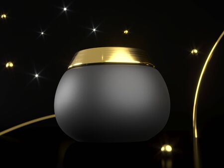 Jar Face cream liquid. Night facial cream illustration. Cosmetic product for face skin care - 3d render. Stars dark sky and golden drops. Mockup Product packaging branding. Revitalizing serum, gel. の写真素材