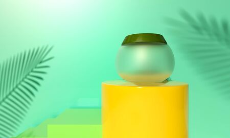 Jar Face cream on yellow podium. Palm green leaves - natural product. Cosmetic for face skin care. 3d render illustration. Mockup Product packaging branding. Revitalizing serum, gel on beach sand. の写真素材