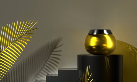 Gold cream jar. Facial sunscreen care for women's health. Palm golden leaves decor. Bottle for body moisturizer. Cosmetics Sale Gift 3d render illustration. Eco-friendly natural organic productの写真素材