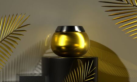 Gold cream jar. Facial sunscreen care for women's health. Palm golden leaves decor. Bottle for body moisturizer. Cosmetics Sale Gift 3d render illustration. Eco-friendly natural organic productの写真素材